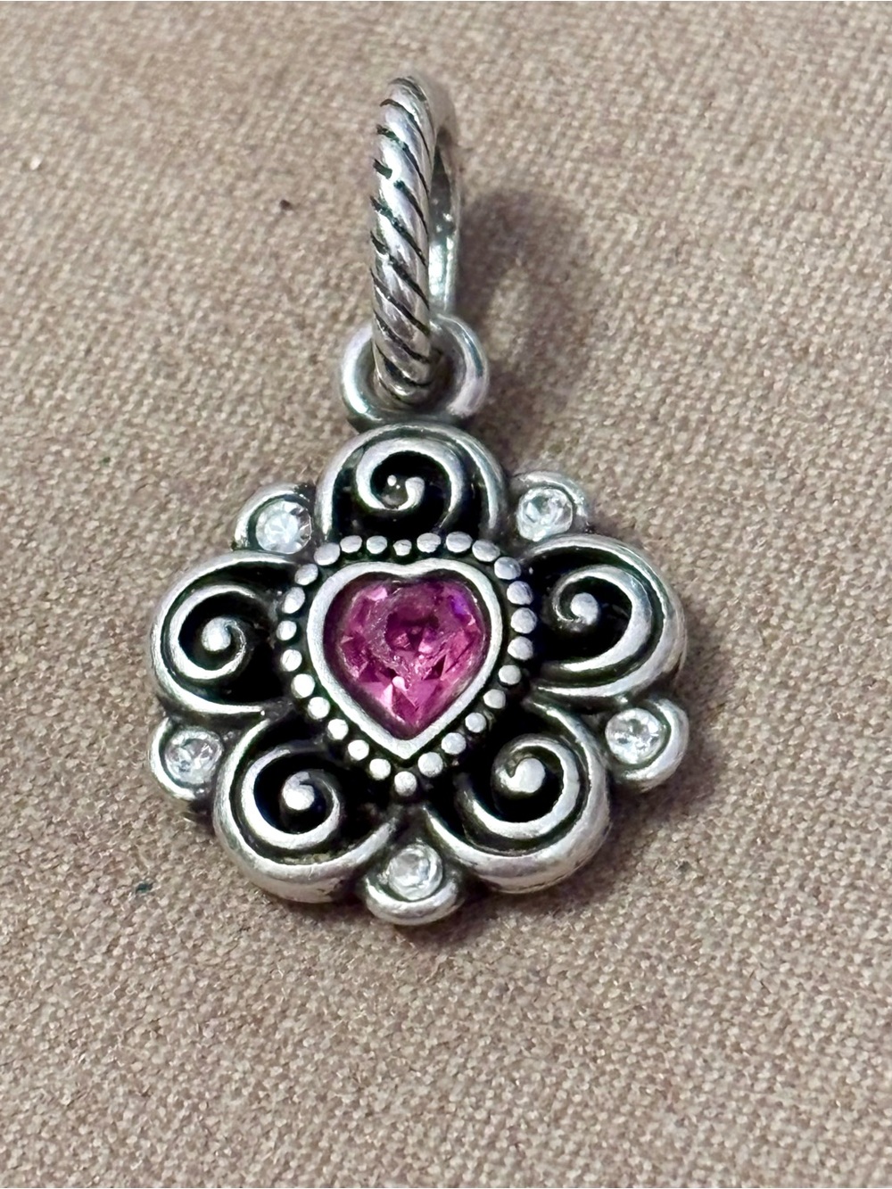 Brighton October Birthstone silver charm Pink tourmaline crystal heart Retired